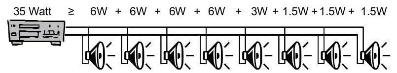 Схема подключения звукового прожектора BIAMP EN-MPBD5T10-W к 100В выходу усилителя