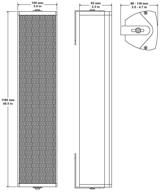 Габаритные размеры звуковой колонны BIAMP COLW101